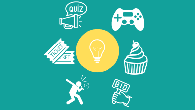 illustration of cake, gaming console, quiz, karaoke, raffle ticket and auction to illustrate different fundraising ideas 